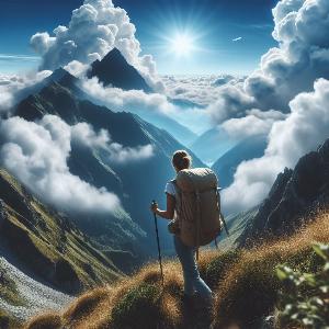 female backpacker hiking up a mountain on blue sky with puffy white clouds-8